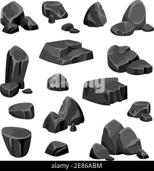 Black rocks and stones fragments of granite or nature mineral in cartoon style isolated vector illustration Stock Vector