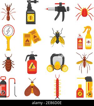 Pest control flat icons set with tick ant mosquito fly cockroach repellent and insecticide isolated vector illustration Stock Vector