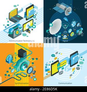 Telecom network mobile isometric 2x2 design concept with elements of synchronization and connection and satellite dish images vector illustration Stock Vector