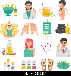Alternative medicine  set of foot massage lotus flower needles for acupuncture aroma therapy isolated icons flat vector illustration Stock Vector