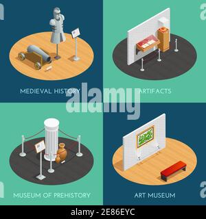 Museum 2x2 compositions presenting different exhibitions prehistory medieval history artifacts and art isometric vector illustration Stock Vector