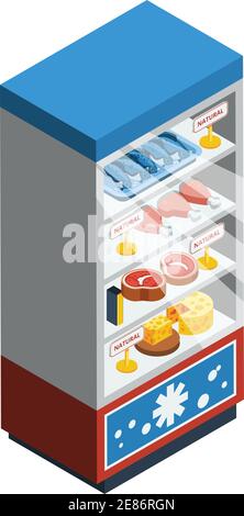 Food collection isometric abstract with fridge full of meat cheese fish and chicken vector illustration Stock Vector