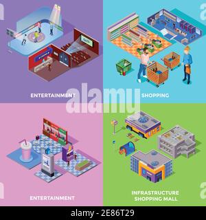 Shopping mall 2x2 icons set with different departments cinema cafe isolated isometric vector illustration Stock Vector