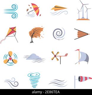 Set of color flat icons depicting different objects that make or use wind with white background vector illustration Stock Vector