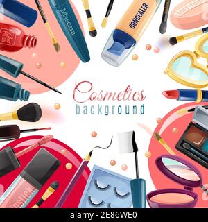 Colorful cosmetics flat background with various tools and products for makeup vector illustration Stock Vector
