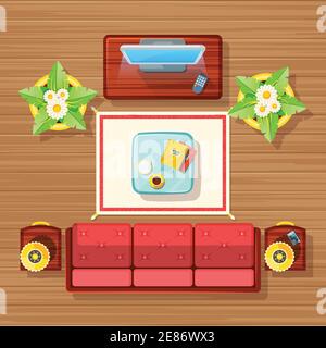 Living room top view design with TV sofa carpet and table flat vector illustration Stock Vector