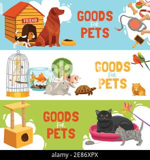 Home pets three horizontal banners with parrot in cage turtle rabbit dog and cat icons and description goods for pets vector illustration Stock Vector