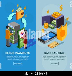 Isometric vertical bank banners with safe banking icons and cloud payments concept with people near terminal vector illustration Stock Vector