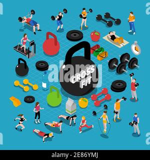 Gym and fitness isometric concept composition with training symbols isolated vector illustration Stock Vector