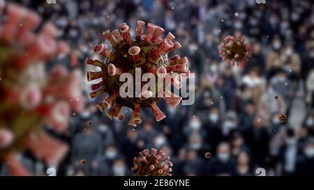 Close up of virus Covid19 floating in the air. Japanese passengers walked on subway with asian flu outbreak and coronaviruses influenza. Tokyo metro a Stock Photo