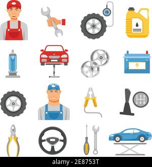 Car repair shop tools and accessories and auto service mechanic flat icons set abstract isolated vector illustration Stock Vector
