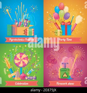 Colorful pyrotechnics festival flat 2x2 icons set with various crackers balloons and decorations for party and firework show isolated vector illustrat Stock Vector