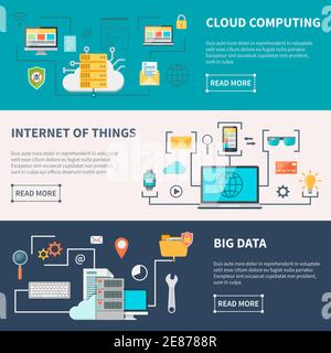 Information technologies horizontal banners set with cloud computing internet and data protection isolated vector illustration Stock Vector