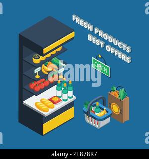Isometric shelving icon in abstract shop and different accessories like shopping basket  pack and open plate vector illustration Stock Vector