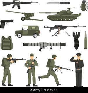 Army icons collection with military soldiers officers servicemen  ammunition weapon and machinery olive khaki abstract vector illustration Stock Vector