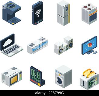 House appliances isometric  isolated icon set for kitchen living room and bathroom vector illustration Stock Vector