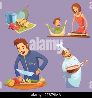 Cooking retro cartoon icon set utensil mother and son cutting chef vector illustration Stock Vector
