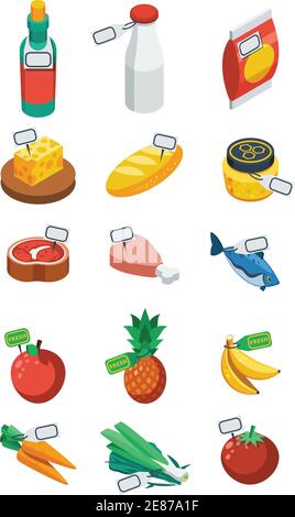 Supermarket isometric decorative isolated flat icons of food with price labels  vector illustration Stock Vector