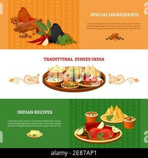 Indian cuisine 3 flat banners set with traditional dishes with special ingredients recipes abstract isolated vector illustration Stock Vector