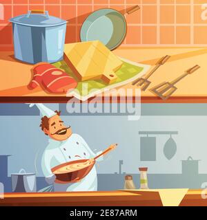 Cooking cartoon horizontal banners set with chef and kitchen utensils isolated vector illustration Stock Vector