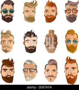 Hipster barbershop cartoon european people with beards moustaches and various stylish haircuts on white background isolated vector illustration Stock Vector