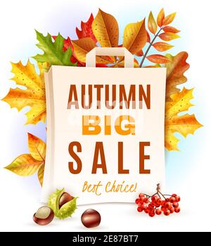 Autumn big sale and colorful fall leaves chestnuts and rowan behind bag flat vector illustration Stock Vector