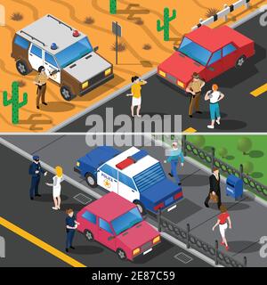 Color isometric horizontal banners showing police people work vector illustration Stock Vector