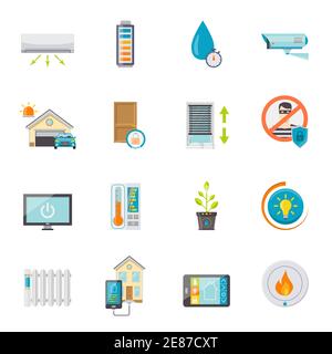 Smart house flat icons set with electronic technologies for comfort and safety isolated vector illustration Stock Vector