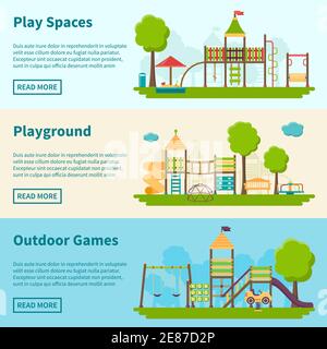Horizontal color banners with title and information field about playgrounds for outdoor games vector illustration Stock Vector