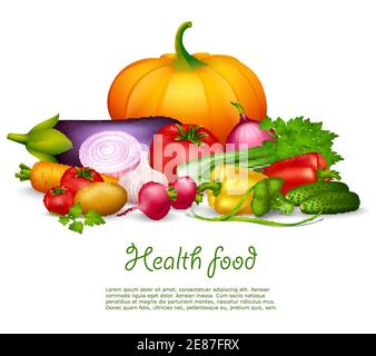 Vegetable health food colorful design concept on white background in realistic style with pumpkin potato cucumber pepper  tomatoes vector illustration Stock Vector