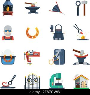 Blacksmith flat color icons set with hammer  anvil tongs clamp horseshoe isolated vector illustration Stock Vector