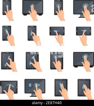 Hand gestures on touch digital devices flat colored isolated decorative icons collection vector illustration Stock Vector