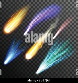 Falling multicolored meteor and comet of different size on transparent black and grey plaid background flat vector illustration Stock Vector