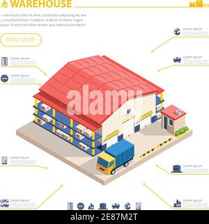 Warehouse building design with truck boxes and gates isometric vector illustration Stock Vector