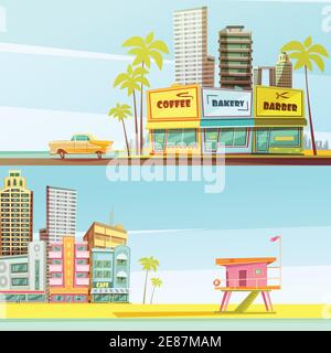 Miami beach horizontal banners in cartoon style with sea shore barber bakery cafe lifeguard cabin flat vector illustration Stock Vector