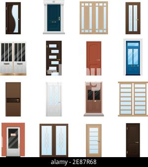 Various colorful closed front double and single doors to houses and buildings isolated on white background flat vector illustration Stock Vector