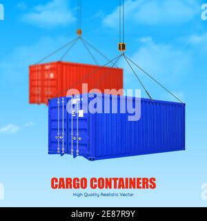 Advertising poster of blue and red cargo containers picked up by crane hooks realistic vector illustration Stock Vector