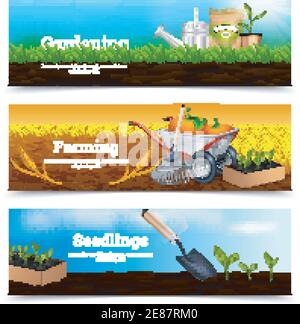 Three farming horizontal banners with gardening tools and materials for planting at village landscape background vector illustration Stock Vector