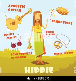 Hippie character cartoon set with acoustic guitar and tambourine vector illustration Stock Vector