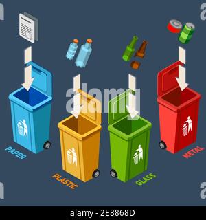 Waste management isometric concept with different colored recycle bins for garbage separation vector illustration Stock Vector
