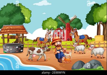 Old MacDonald in a farm nursery rhymes scene illustration Stock Vector