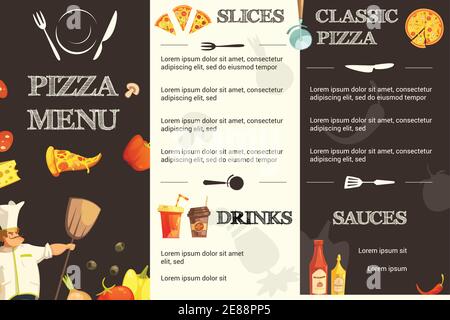 Menu template for restaurant and pizzeria with different kinds of pizza sauces and drinks information vector illustration Stock Vector
