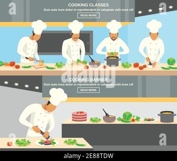 Cook profession horizontal banners set with cooking classes symbols flat isolated vector illustration Stock Vector