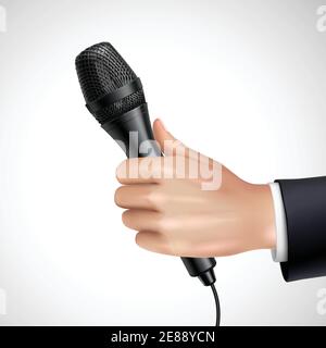 Hand with microphone realistic image detail poster with journalist or reporter at press conference interview vector illustration Stock Vector