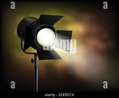 Classical cinematographic movie shooting realistic spotlight poster with dark blurry misty with smoke effect background vector illustration Stock Vector