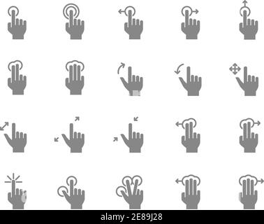 Set of touch screen gestures grey icon. Hand click, finger multi touch, cursor pointer and more. Stock Vector