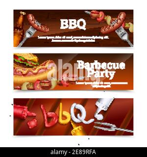 Barbecue party horizontal banners with hot dog skewer hamburger and sauce set vector illustration Stock Vector