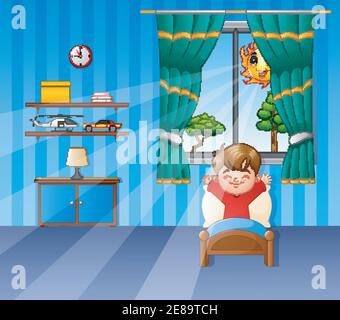 Vector illustration of Little boy waking up and yawning in the morning Stock Vector