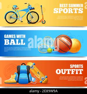 Summer sports cartoon horizontal banners set with cycling and basketball isolated vector illustration Stock Vector