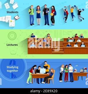 People at university flat horizontal banners with students studying together sitting in auditorium and happy jumping after exam vector illustration Stock Vector